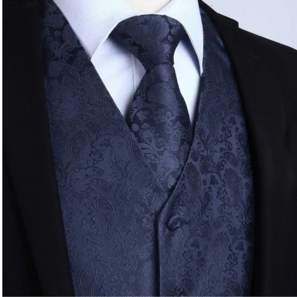 New 3PC Men's Paisley Floral Suit Vest Navy - Picture 3 of 8